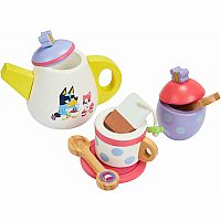 Bluey Tea Party Set – Wooden 18-Piece Pretend Play Set with Tray, Teapot, Tea Cups, Biscuits, and Notepad for Ages 3+ 