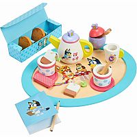 Bluey Tea Party Set – Wooden 18-Piece Pretend Play Set with Tray, Teapot, Tea Cups, Biscuits, and Notepad for Ages 3+ 